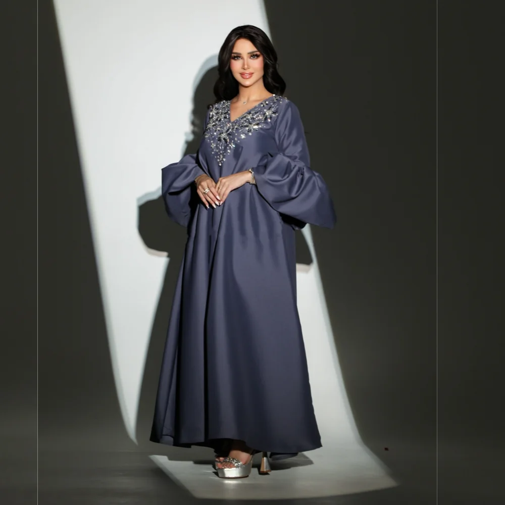 

Customized Charmeuse Rhinestone V-neck A-line Midi Dresses Bespoke Occasion ClassicEvening Dress High Quality Party Gown