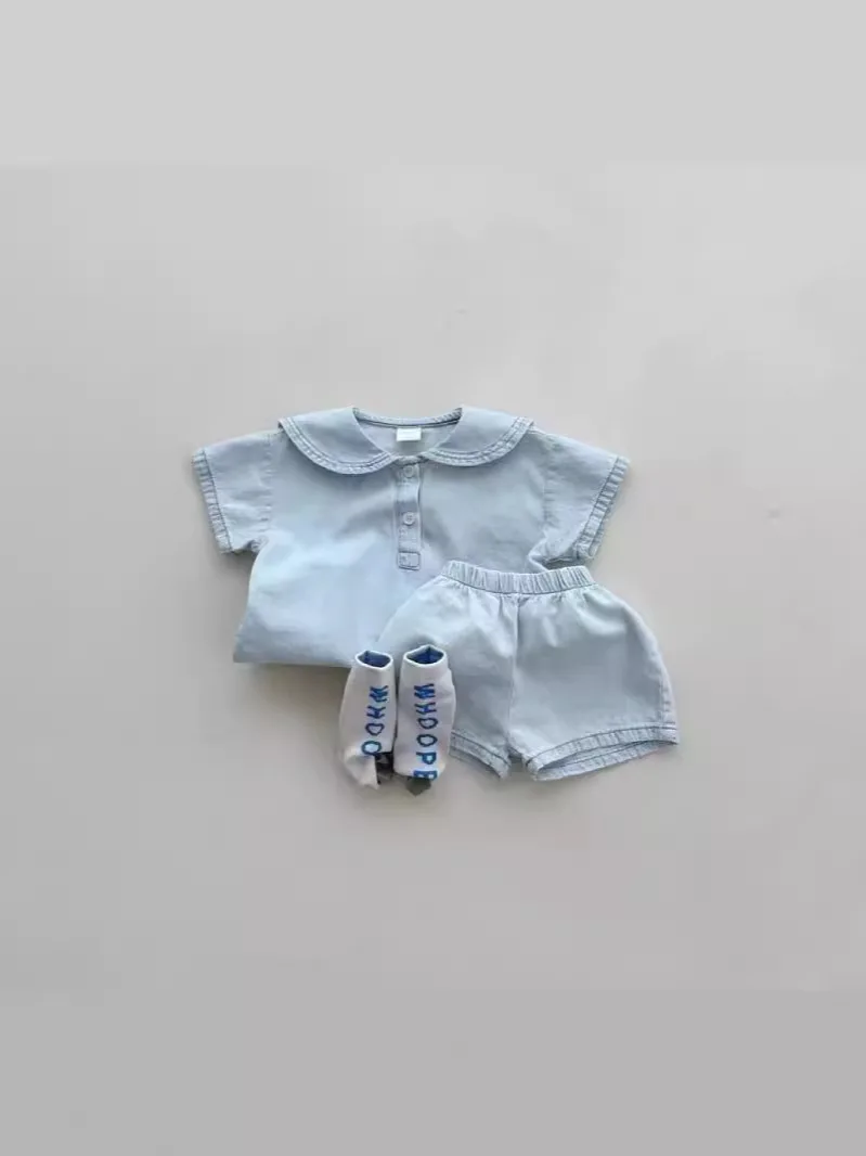 Zomer Nieuwe Baby Korte Mouw Denim Set Baby Jongen Meisje Matroos Kraag Tops + Shorts 2 Stuks Pak Peuter Veelzijdige Casual Outfits