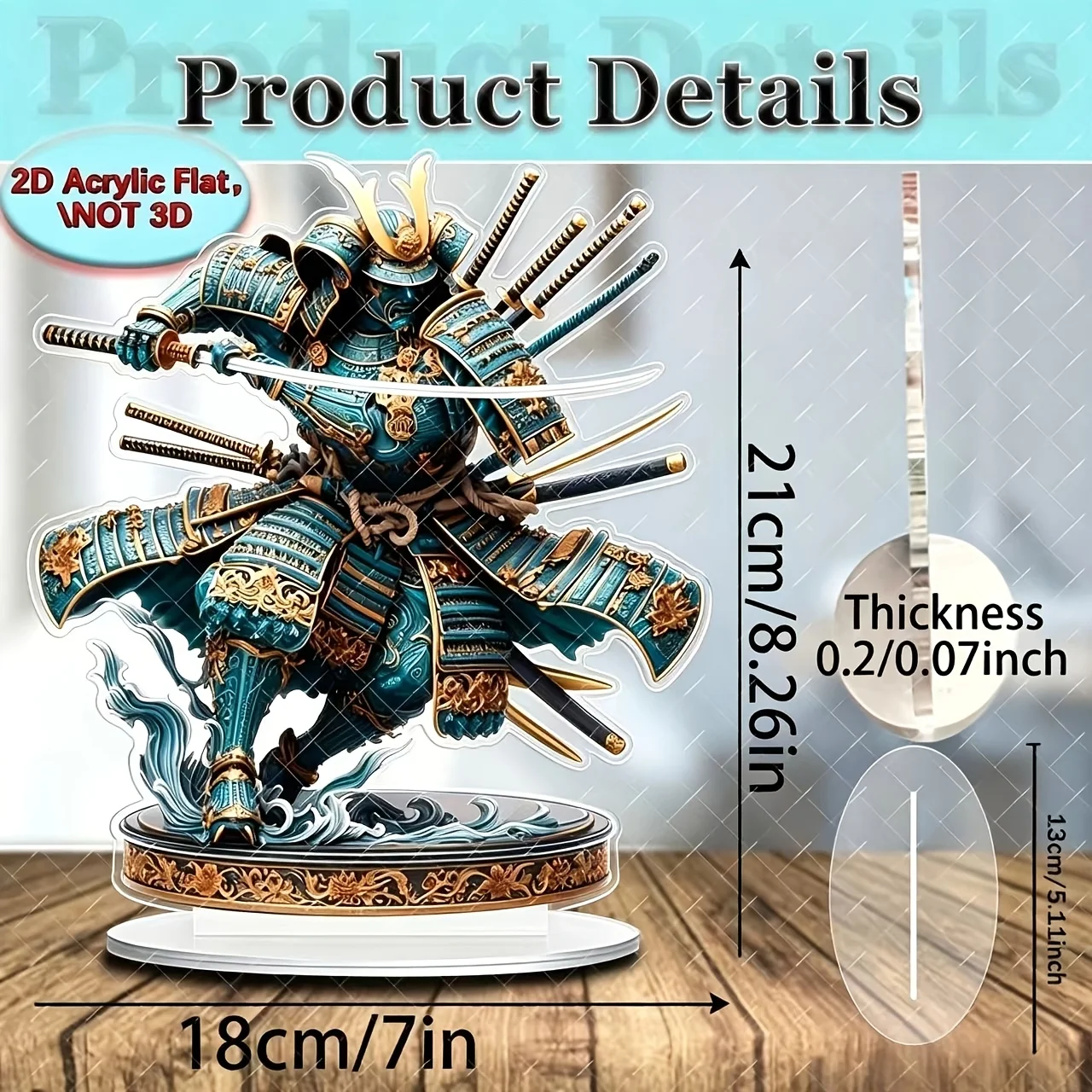 2D Flat, 2D Flat Samurai Armor And Sword Acrylic Desktop Decoration - Golden Decorative Bohemian Style, 8.26X7 Inch Dynamic Pose