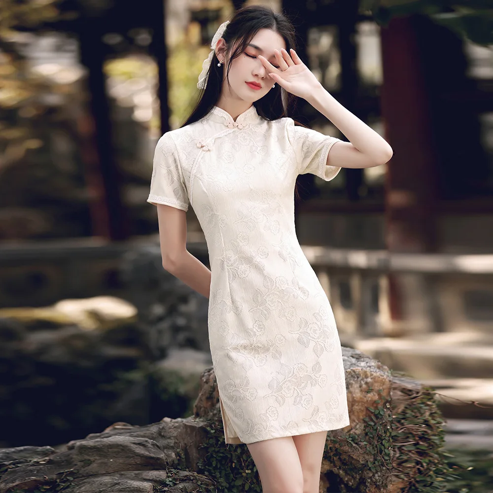 

Women Beige Cheongsam High Quality Short Sleeve Vintage Dress Slim Elegant Show Costumes Elegant Qipao S To 2XL