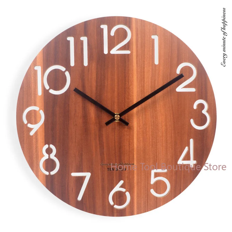 12-Inch wall clock stylish and simple mahogany quartz, Nordic creative silent wood, living room wall hanging