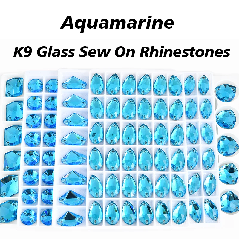 OLeeya Aquamarine Blue AAAAA K9 Glass Sew On Rhinestones Crystal Sewing Flatback Stones For Craft Clothes Wedding Dress Decor