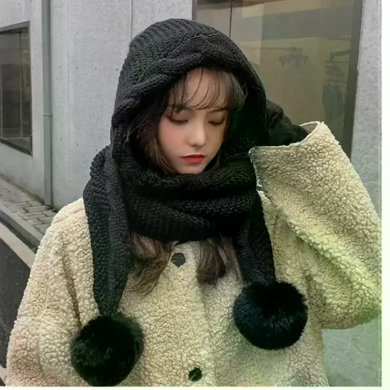 سميكة محبوك قبعة صوفية مقنعين وشاح قبعة حماية الأذن قبعات دافئة قبعة الشتاء ووشاح كومبو للنساء