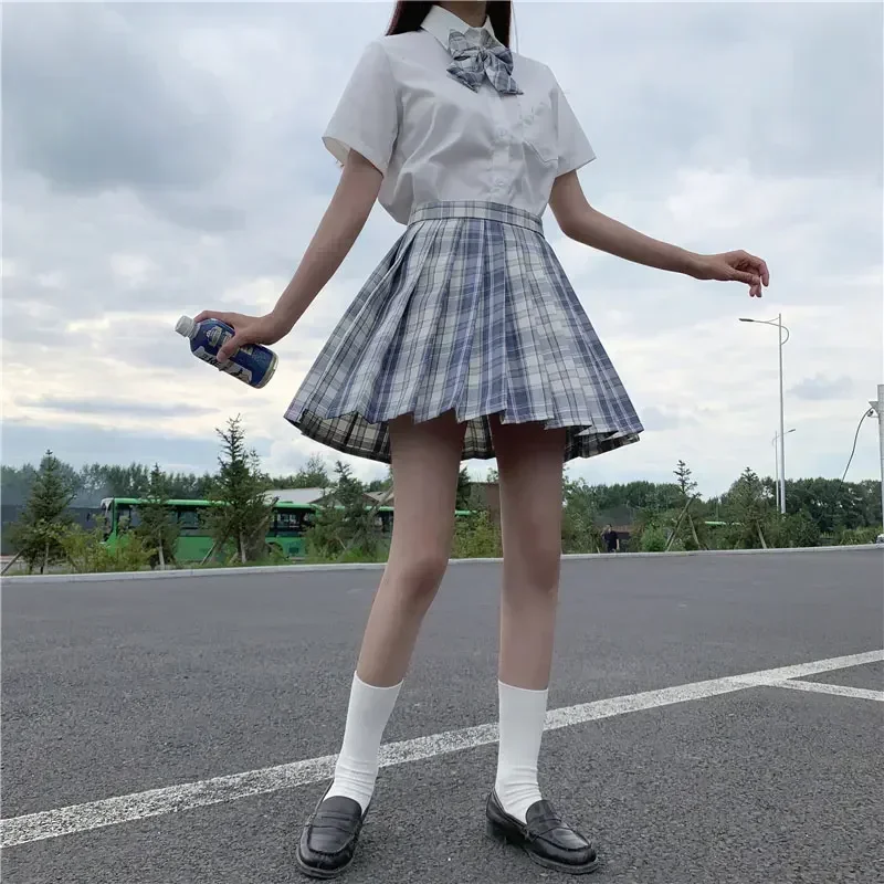 Japanese Uniform Korean School JK Uniform Shirt Plaid Skirt Set South Korea Students Short Sleeve Pleated Skirt Set Girl Seifuku