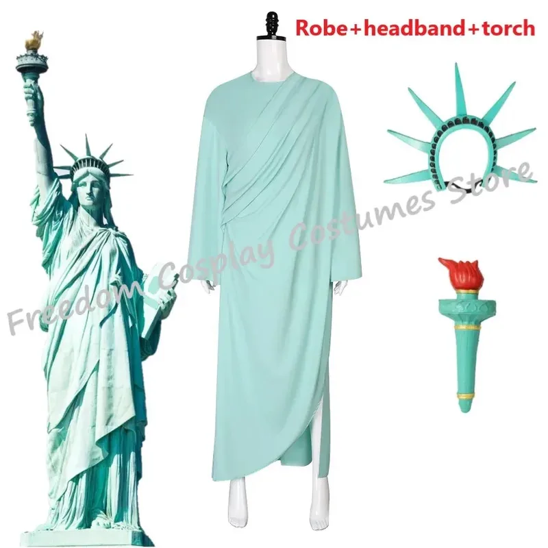 qa156Statue of Cosplay Adult Lady Liberty Costume Green Women Patriotic Collection Halloween Party Fancy Dress Headwear