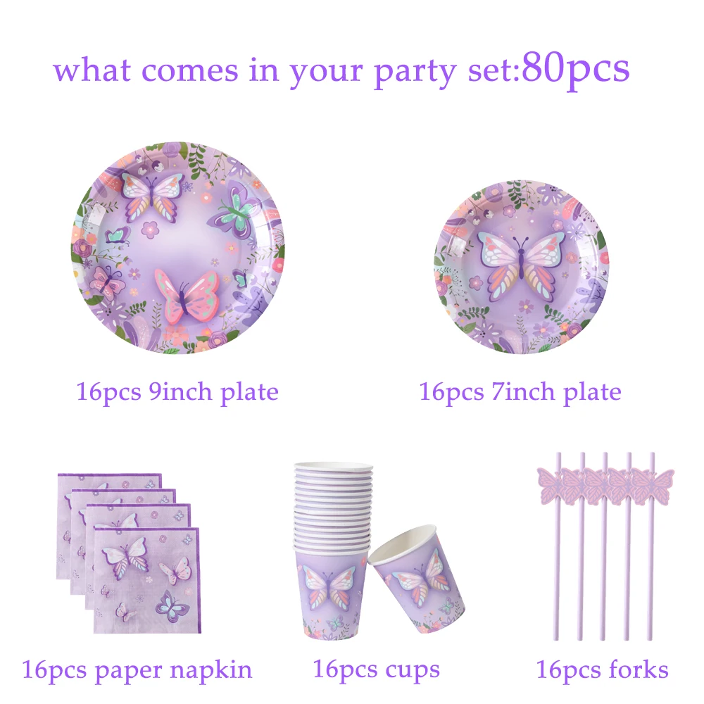 80pcs Purple Butterfly Theme Birthday Party Decor Disposable Tableware Paper Plate Napkin Girls Birthday Baby Shower Wedding Dec