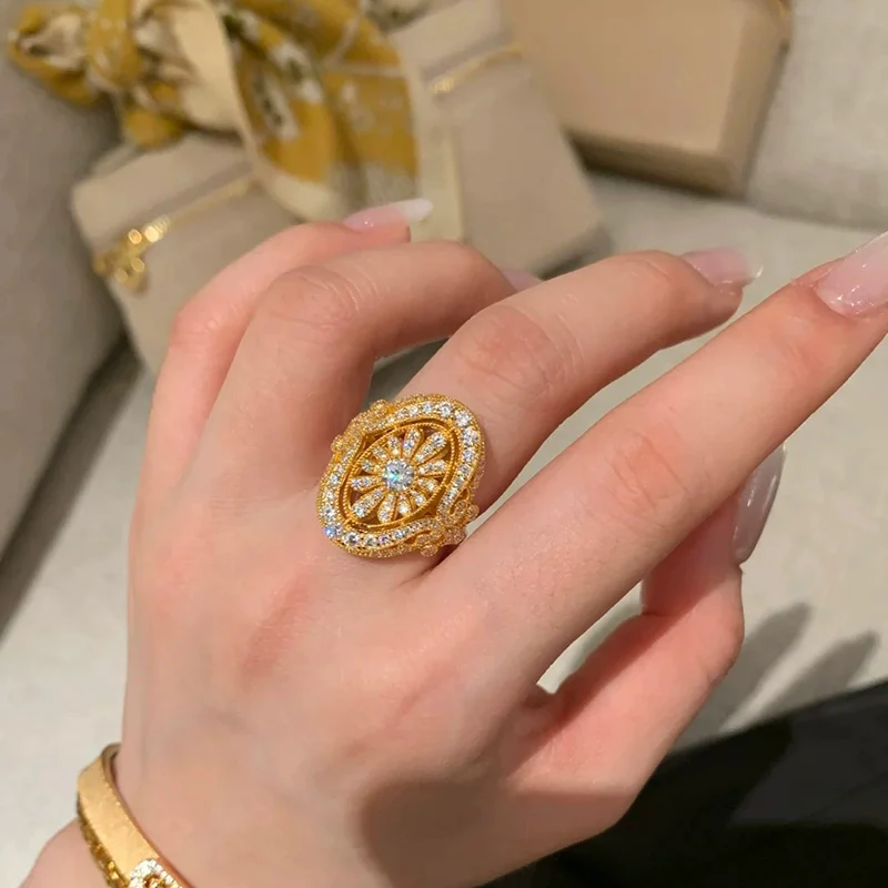 Retro High-end Daisy Ring Super Sparkling High Carbon Zircon Flower Hollow Rings For Women Party Accessories KOFSAC
