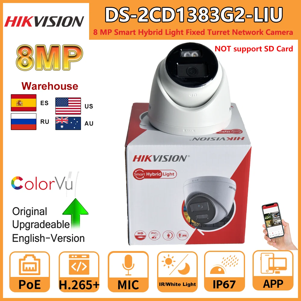 Hikvision 8MP IP Camera DS-2CD1383G2-LIU Built-in Mic Dual-Light 4K Smart Hybrid Light With ColorVu Fixed Turret Network Camera