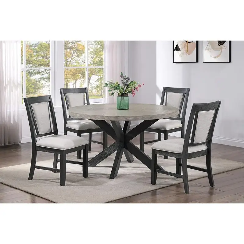 5pc Round Dining Table Set, Two-tone Finish, Light Woodgrain Top, Rustic Charm, Sculptural Base, Upholstered Chairs, Wooden