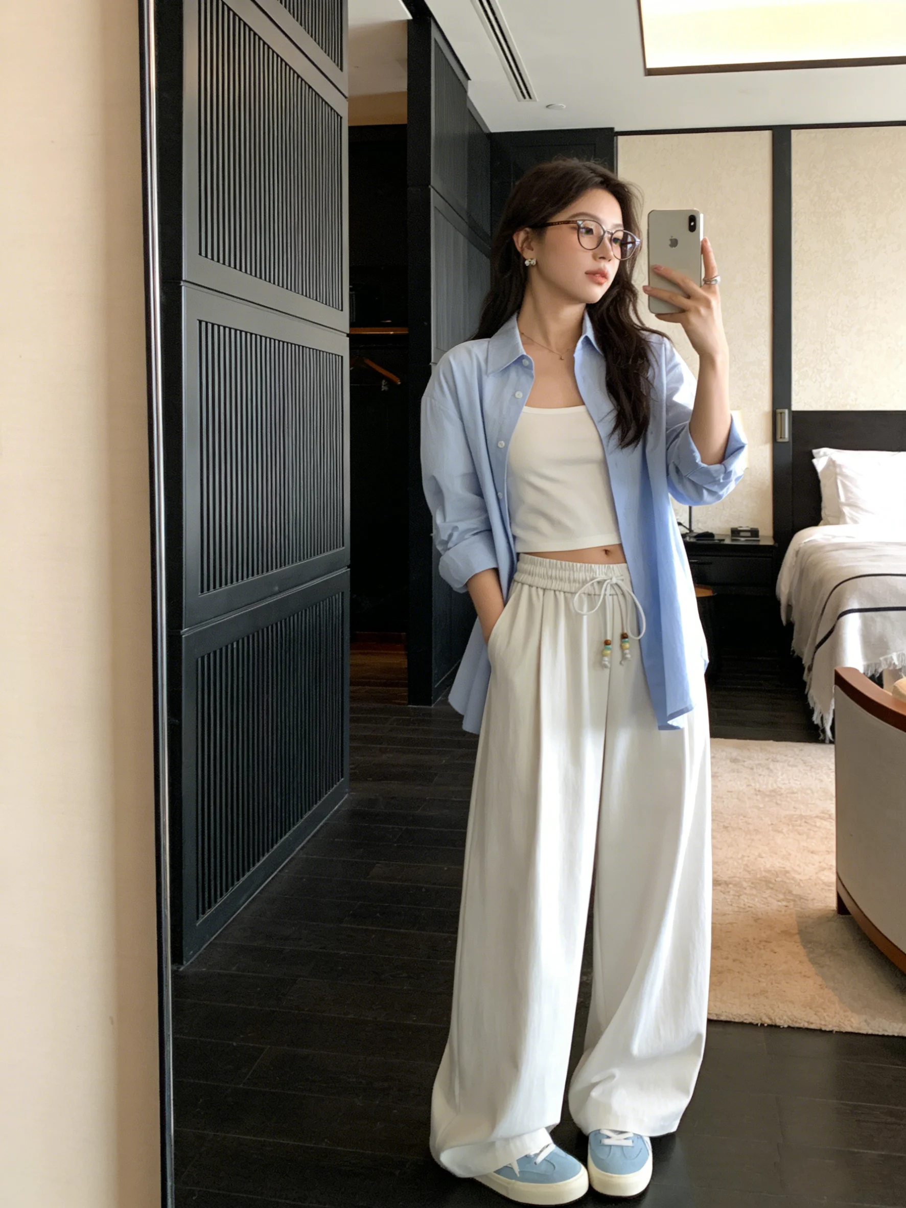 

Весна 2026: Бежевые драпированные брюки с широкими штанинами, бисером и высокой талией, на шнурке, повседневные, спортивные, универсальные, для женщин