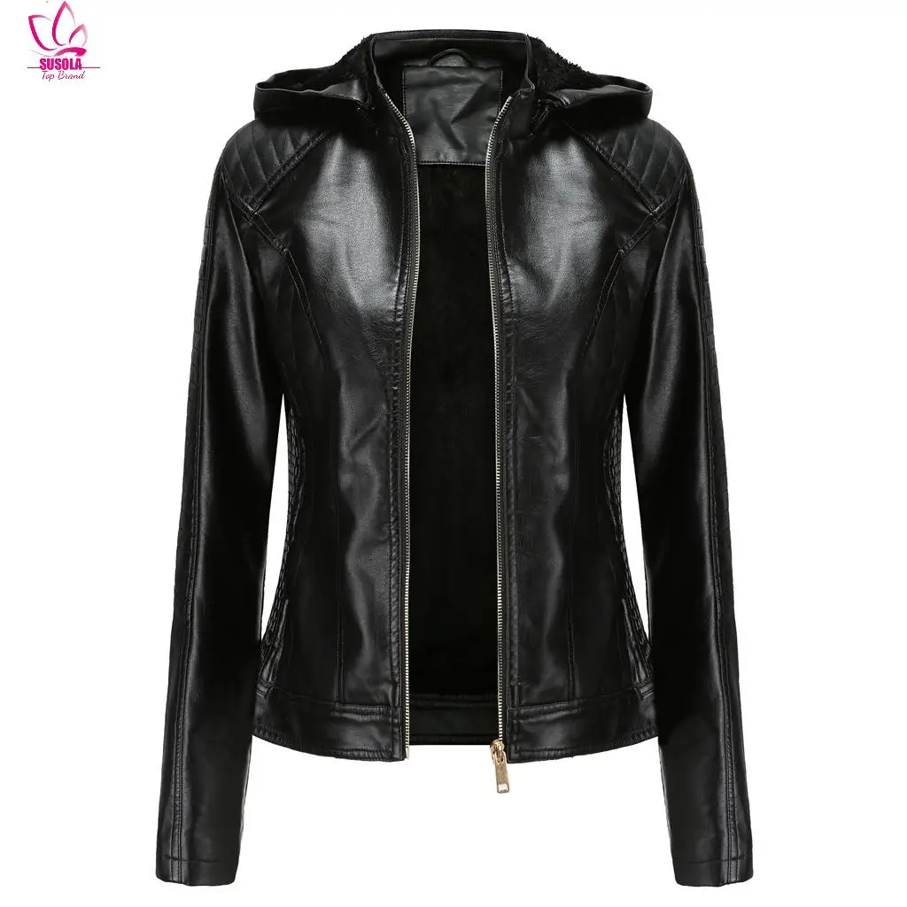 

SUSOLA Lady New Winter Warm Women Short Coat Leather Biker Jacket Parka Zipper Tops Overcoat Outwear Hooded