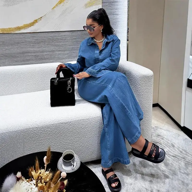 Casual Faionable damesdenimset Lange Sve-kraag en top met riem en rechte pijpen Broek Ensemble Cleanfit Lage taille PV...