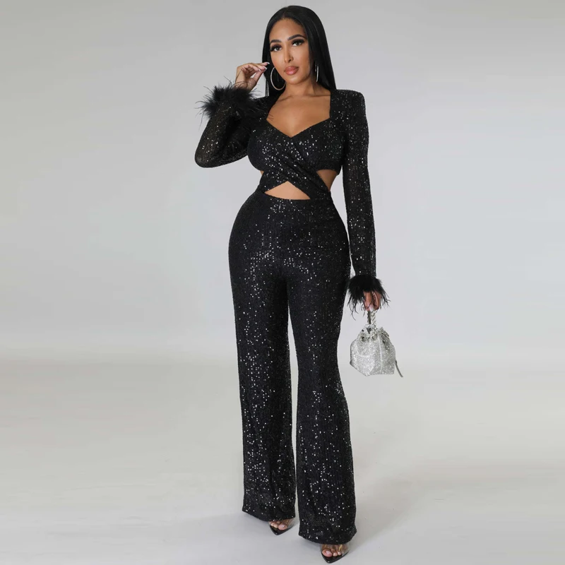 Ladies Sexy and Fashionable Long Sleeved Sequin Feather Wide Leg Pants With Hollow Out Slim Fit Socialite Party Club Jumpsuit