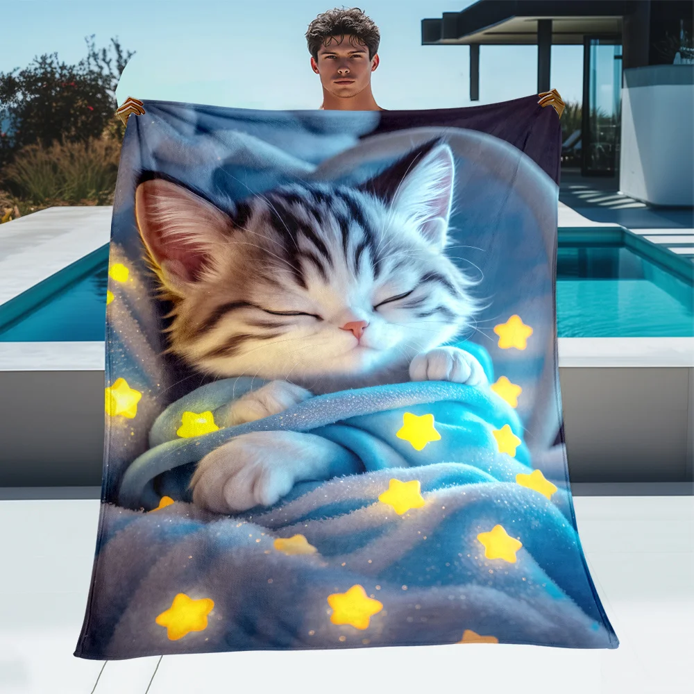 1pc Luminous Blue Star Cat Blanket - Soft Lightweight Flannel Throw, 3D Digital Printed, Tear-Resistant, All-Season Comfort