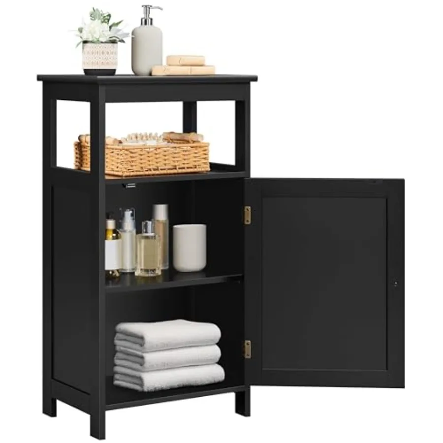 

4-Tier Bathroom Floor Storage Cabinet with Single Door and Adjustable Shelf Narrow Black Free Standing Organizer for Kitchen Li