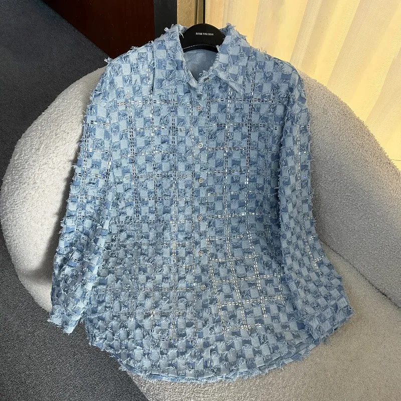 Heavy Industry New Tassel Design Denim Long Sleeves Blouse Jacket For Women's Loose Fashion Casual Top 2025 Autumn New Y2k Shirt