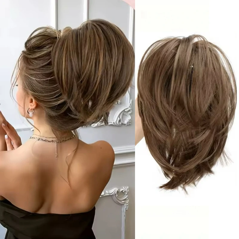 

8' Short Straight Synthetic Adjustable Hairline Ponytail Hair Extensions With Claw Clip Natural Layered Hairpiece for Women Use