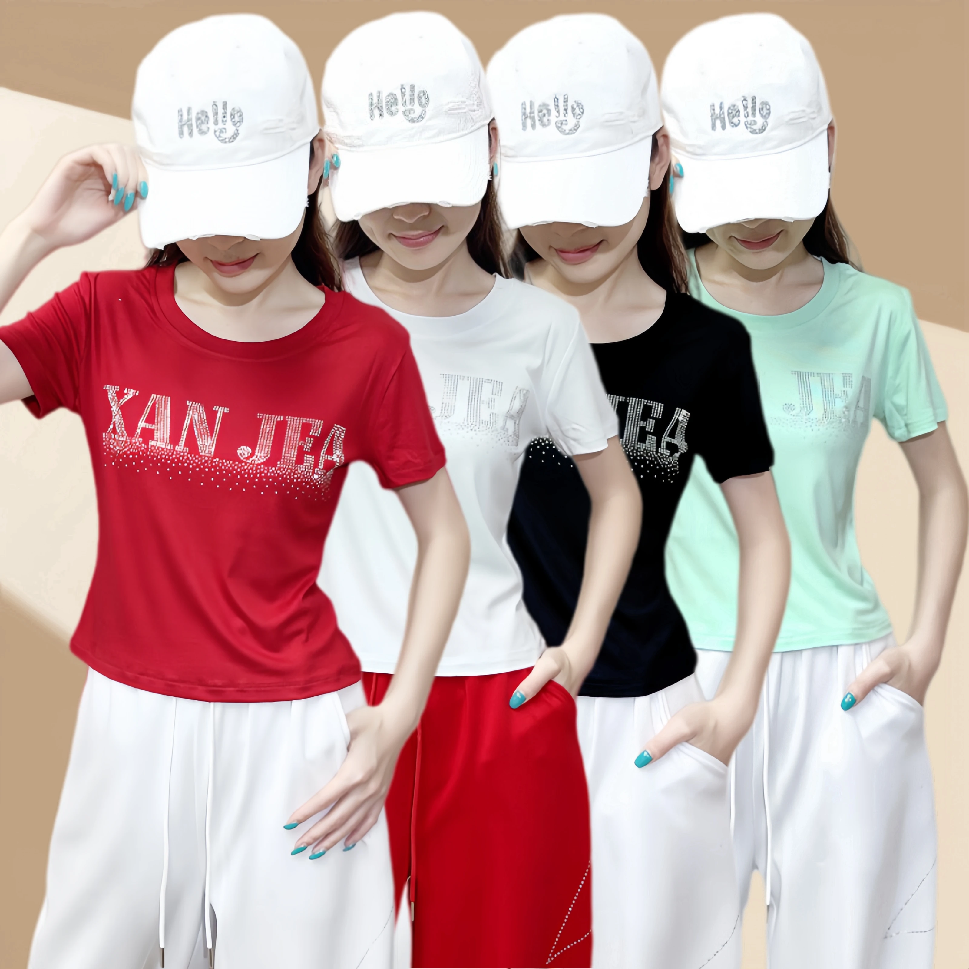 夏新作スクエアダンス-tシャツ女性の半袖レタープリントカジュアルスポーツトップ綿ポリエステル生地ダンスシャツ