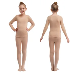Kids Girls Ballet Dance Training Costumes Spring Autumn Thermal Underwear Suit Stretchy Long Sleeve Top+Pantyhose Leggings Pants