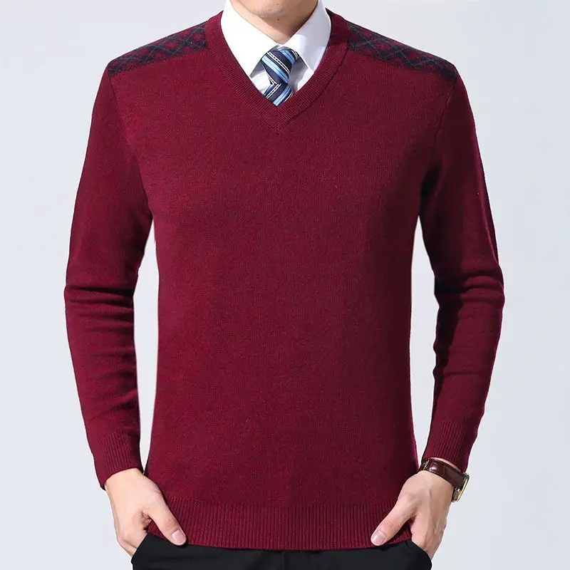 Men V Neck Knit Sweater Long Sleeve Shoulder Decor Knitting Pattern Slim Fit Business Casual Pullover