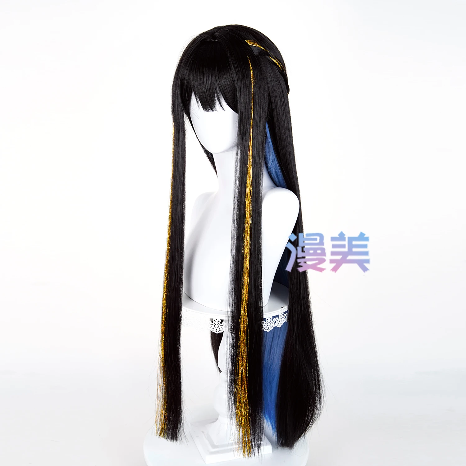 ゲーム「崩壊スターレイル」ダリアコスプレウィッグ、ロングブラックブルーハイライトブロンドアクセントウィッグ、コミコンパーティー用、大人男女向け