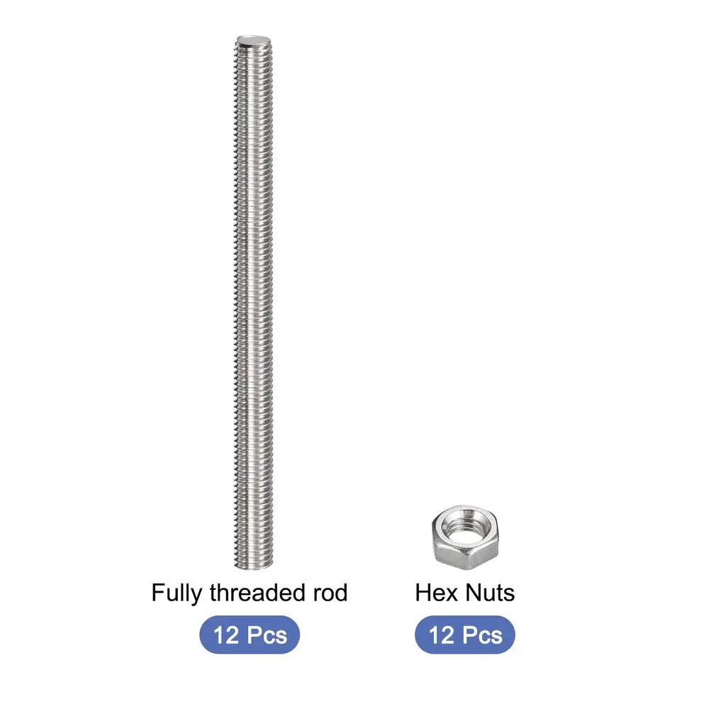 스테인레스 스틸 나사형 로드 M12 x 300mm(육각 너트 포함) 12개 팩 오른나사 피치 1.75mm