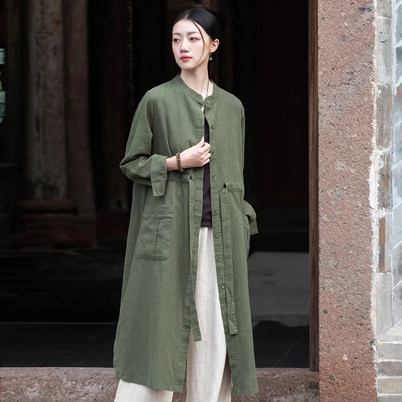 

2026 New Cotton and Linen Women's Casual Trench Coat Spring Autumn Long Windproof Cardigan Female Tether Windbreaker Outerwear