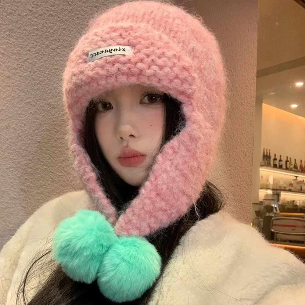 

Cute Autumu Winter Women Knitted Cap Fluffy Pom-pom Sweet Warm Beanie Hats Y2k Versatile Ear Protection Caps Outdoor