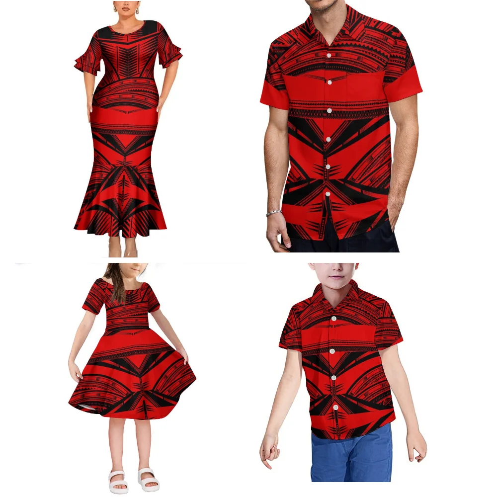 Pacific Islands Ethnic Flower Custom Pattern Design Family Set Women'S Dress Cocktail Evening Dress Men'S Shirt Samoa Polynesian