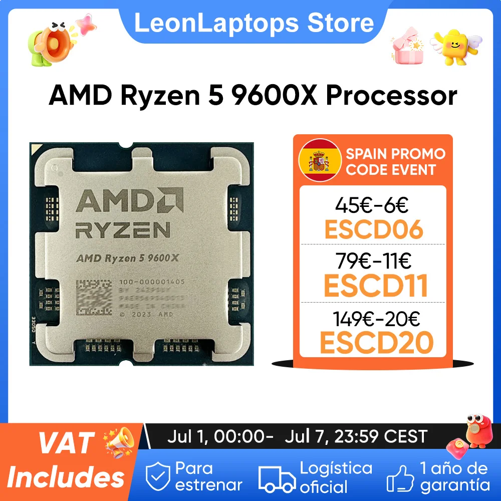 AMD-procesador Ryzen 5 9600X Original, R5 9600X, 6 núcleos, 12 hilos, 3,9 GHz, 4Nm, 65W, 38MB, AM5 Socket, CPU, Gaming, PC de escritorio sin ventilador