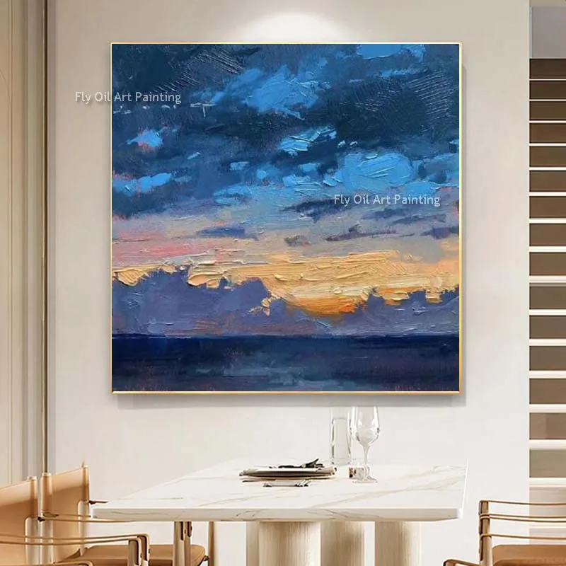 Modern Sunrise Seascape Abstract Canvas Wall Art Decor Original Design Hand Painted Navy Blue Sea And Sky Oil Painting For Decor