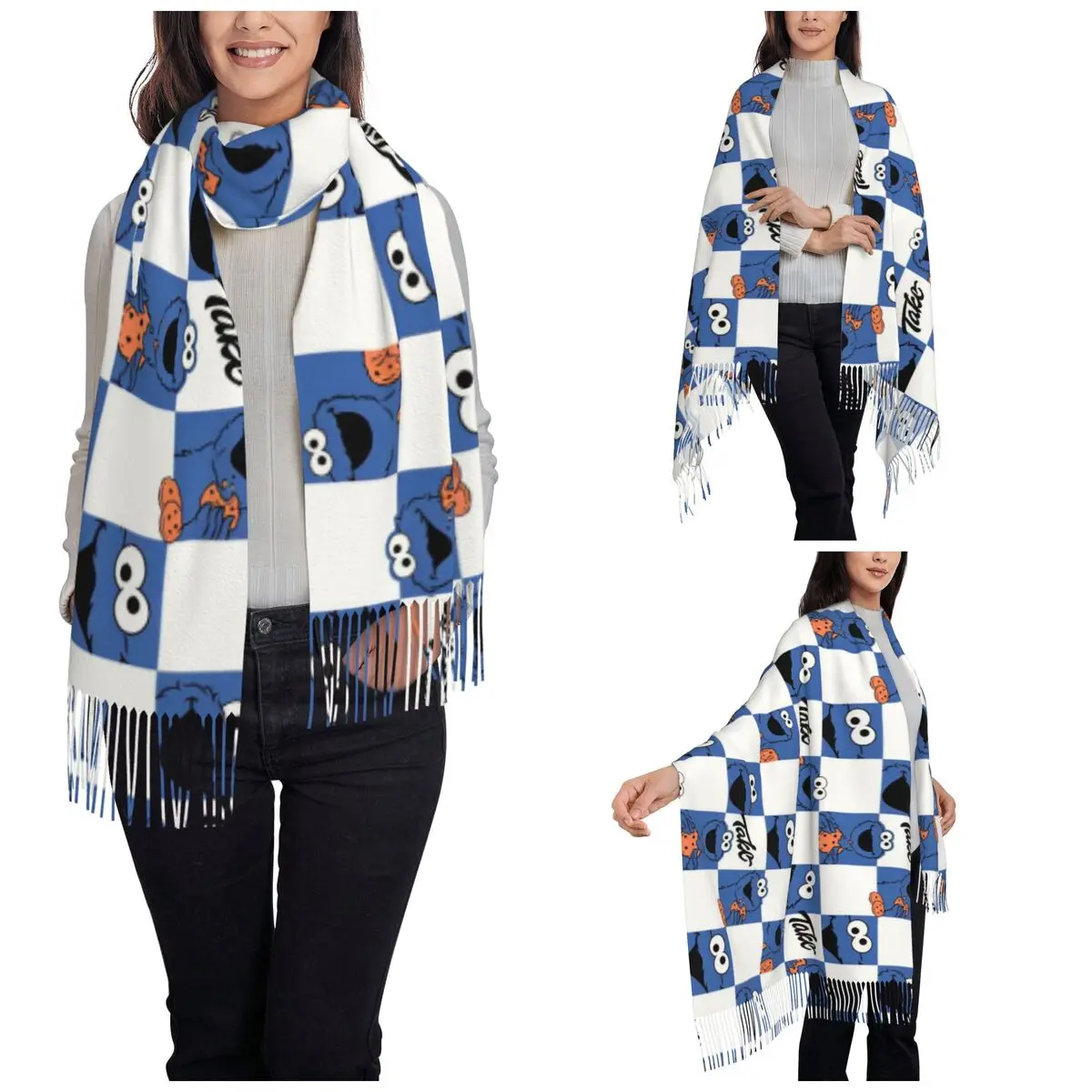 Sesame Street Cookie Monster Shawls Wraps for Ladies Warm Large Soft Scarf Cartoon Anime Pashminas Tassel Scarves