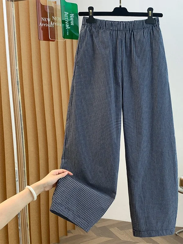 Blue Plaid Casual Loose Women's Knife Pleat Pants High Waist Elastic Waist Straight Leg Long Trousers Summer 2026 New Style