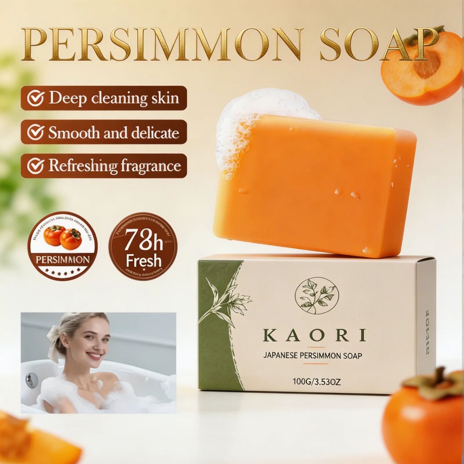 Persimmon Soap Bar Body Care Face Wash Exfoliating Brightening Soap Deodorizing Gentle Cleansing For Men Women All Skin Types