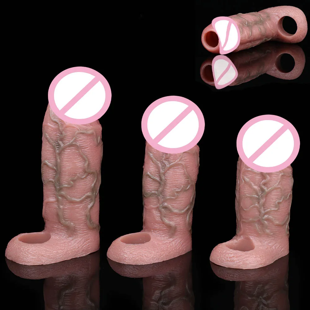 ORALSX 3 Styles Realistic Hollow Penis Sleeve With Real Veins Cock Cover Silicone Reusable Sex Toys For Adult Men Dick Enlarge