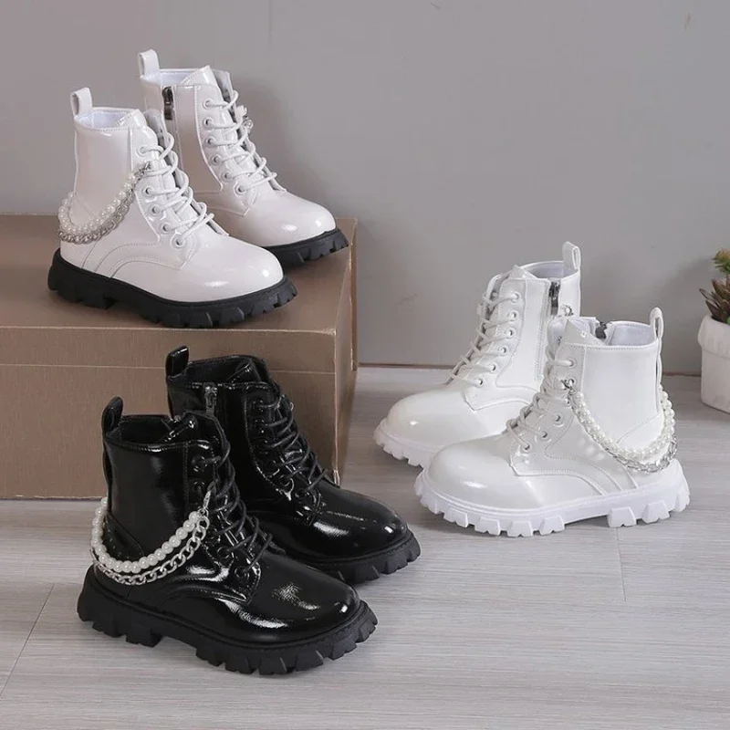 Girls Pearls Ankle Boots White High Top Fashion Shoes Kid Chain Leather Boots for Girls 10 To 12 Years Old Rubber Shoes with Zip