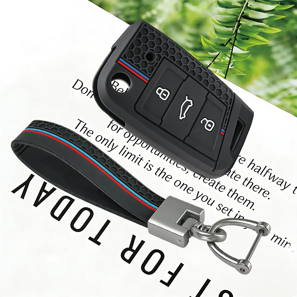 Honeycomb Red Blue Stripe Flip Key Cover With Keychain For VW Golf7 GTI POLO Tiguan Skoda Octavia Kodiaq Seat Ibiza Leon