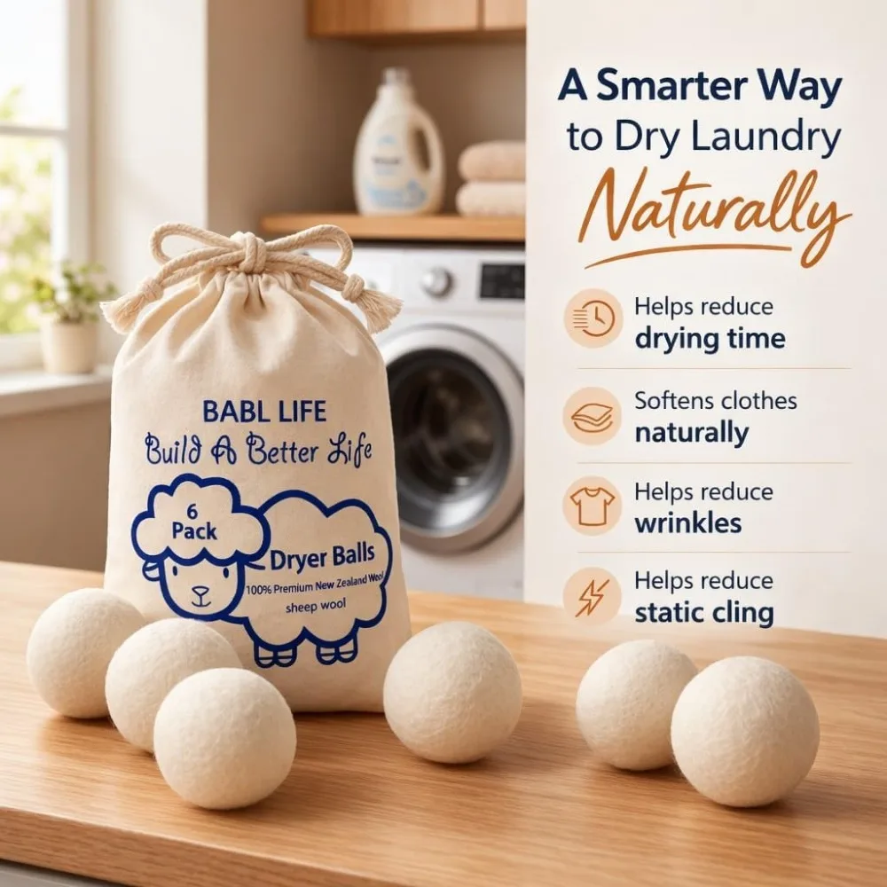 6 Pack Wool Dryer Balls, 100% New Zealand, Reusable, Reduces Drying Time & Wrinkles, 2.6 Inch