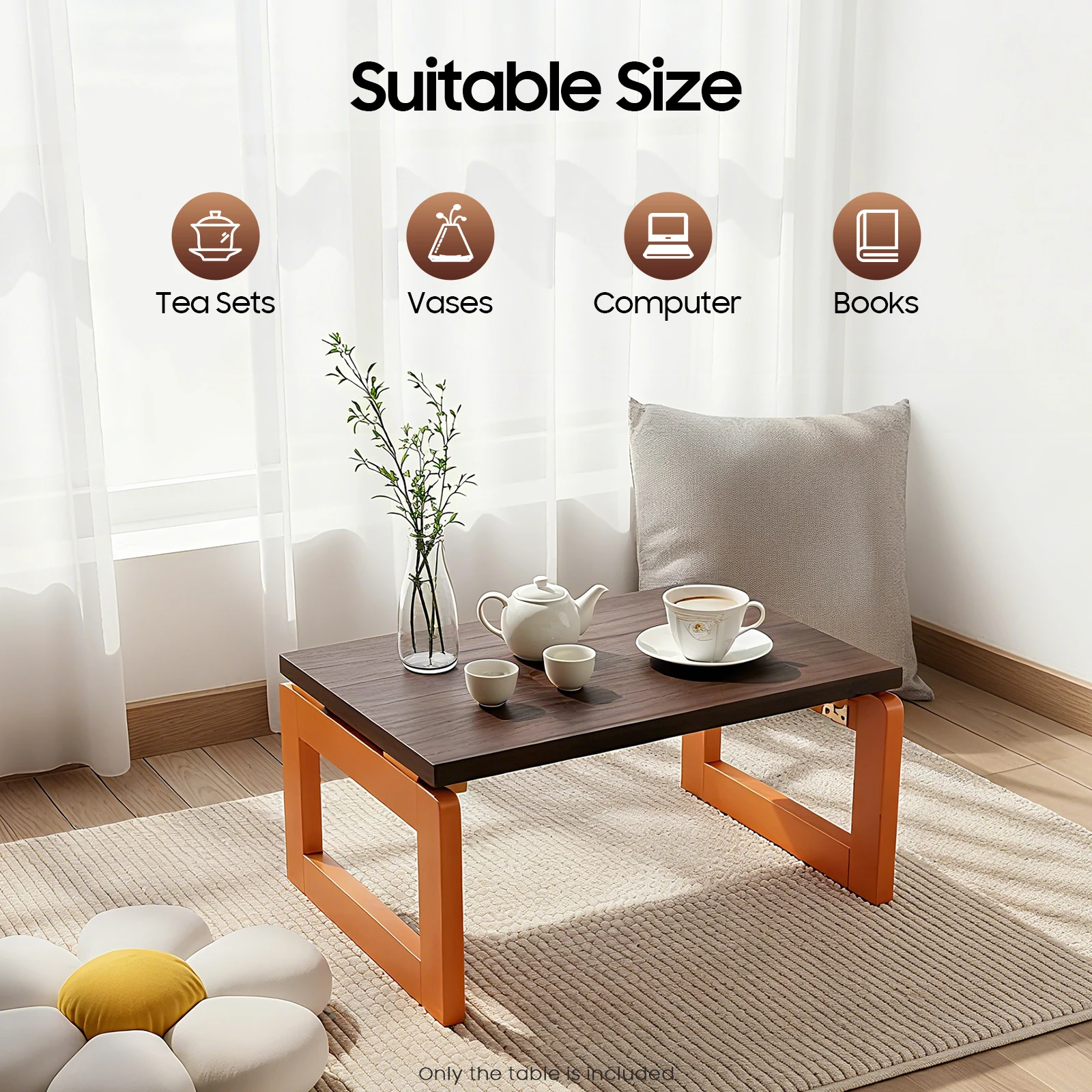 

24x16 In Foldable Coffee Table Wooden Floor Desk 176.37lbs Loads Easy To Clean Freestanding For Balconies, Bay Windows, Bedrooms