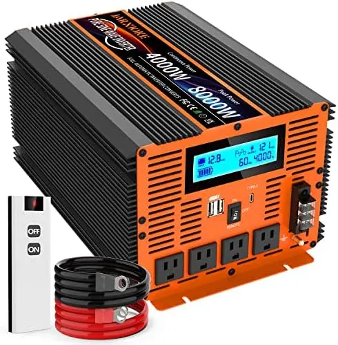 

4000 Watt Pure Sine Wave Power Inverter 12V DC to 110V 120V Converter for Family RV Off Grid Solar System Car with Type-C Ports