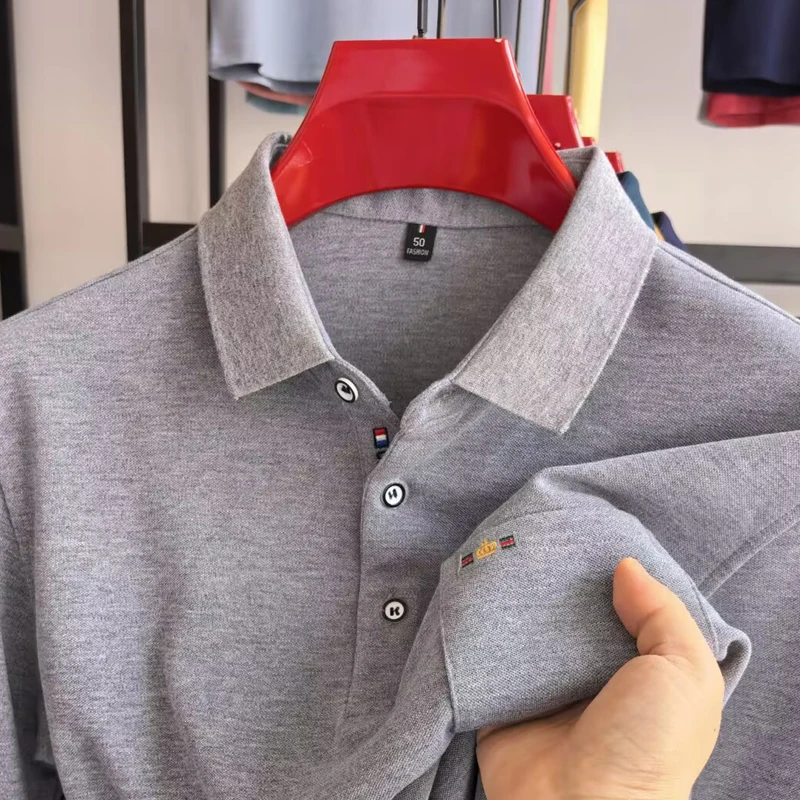 

High end trend brand men's long sleeve polo shirt simple solid color skin friendly comfort crown embroidered pocket new T-shirt