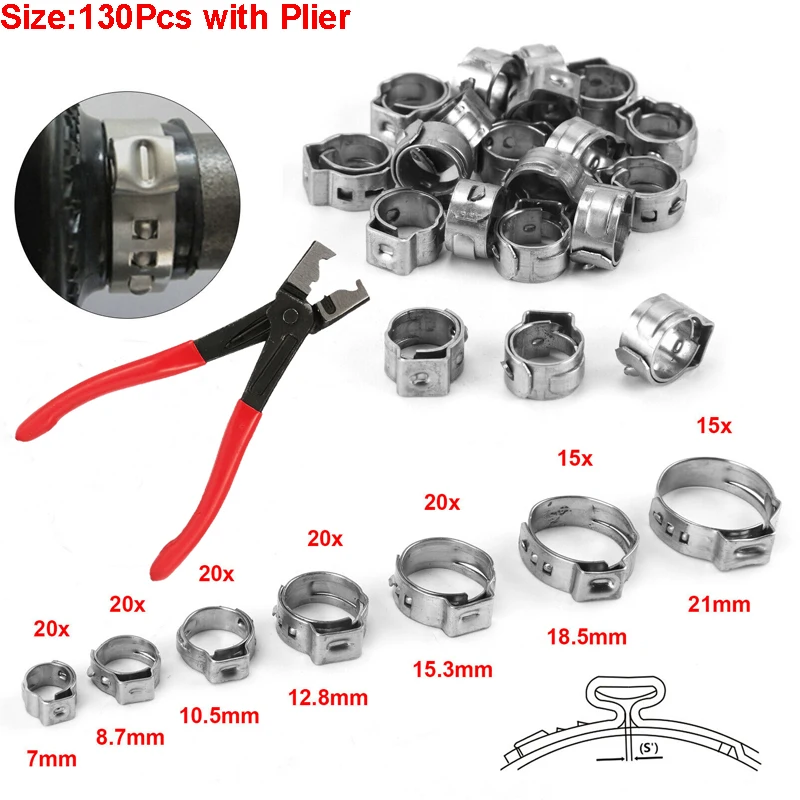 130pcs Single Ear Hose Clamps with Pliers or 130pcs Hose Clamps or 1PC Pliers 7-21mm Tool Kit 304 Stainless Steel Hose Clamps