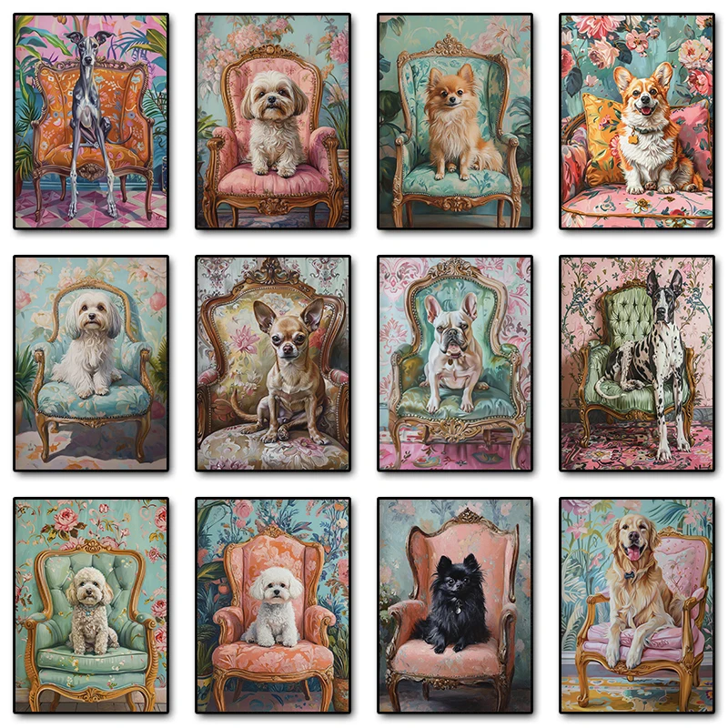 1 pieza de cuadro en lienzo sin marco, pintura de perro en taburete, Bichón Frisé, Galgo, Pomerania, póster retro, impresión en lienzo, arte de pared, cuadro para R