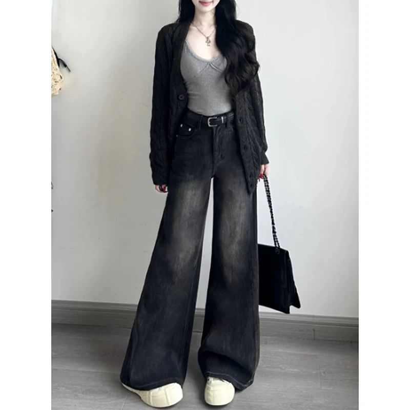 Jeans da donna Y2K a gamba larga Pantaloni neri a vita alta Pantaloni larghi retrò drappeggiati sul pavimento Autunno Inverno Casual