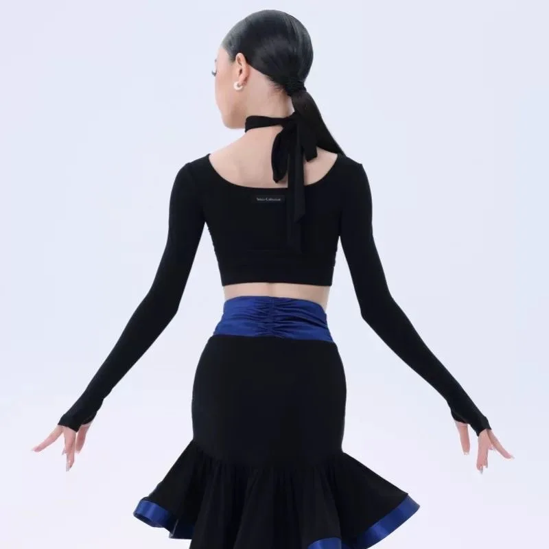 Ropa de baile de línea para mujer, Ropa de baile azul y negro, nuevo traje de baile latino, traje de escenario, vestido de baile, vestido de Flamenco, traje de escenario para niña