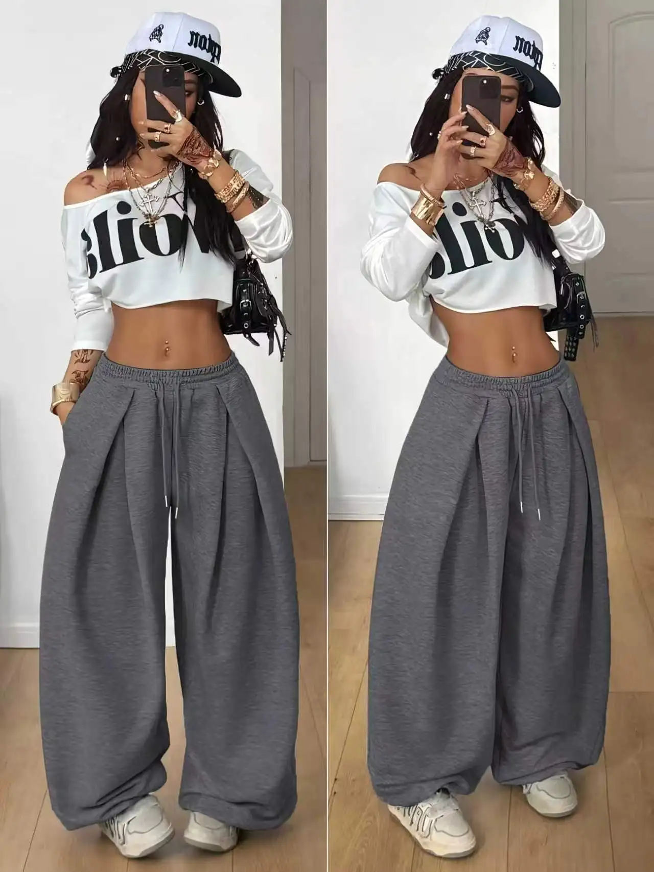 Y2K new Wide Leg Sweatpants Women Streetwear Baggy Oversize Gray Sports Pants High Waist Drawstring Casual Joggers Trousers