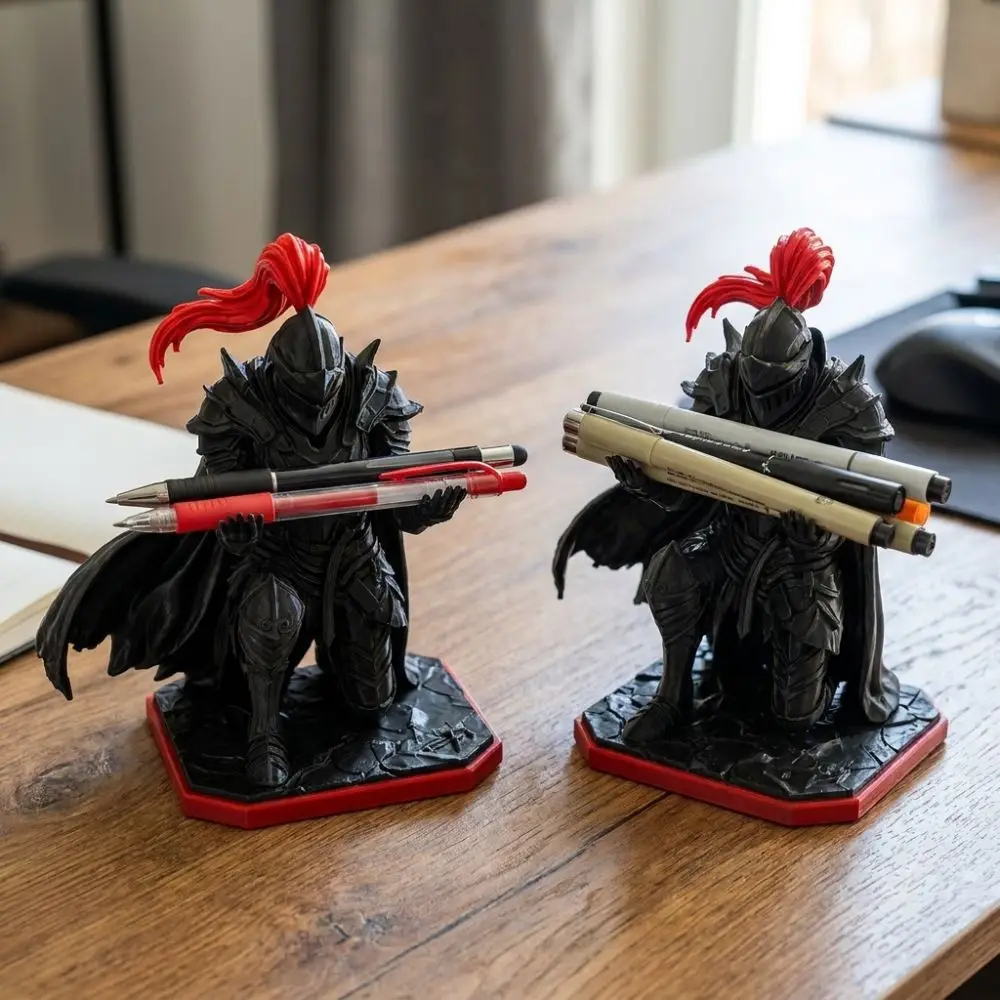 Plastic Kneeling Knight Pen Holder Statue Novelty Gift 3D Printed Medieval Warrior Desk Pen Stand Red Plume Pen Display Holder