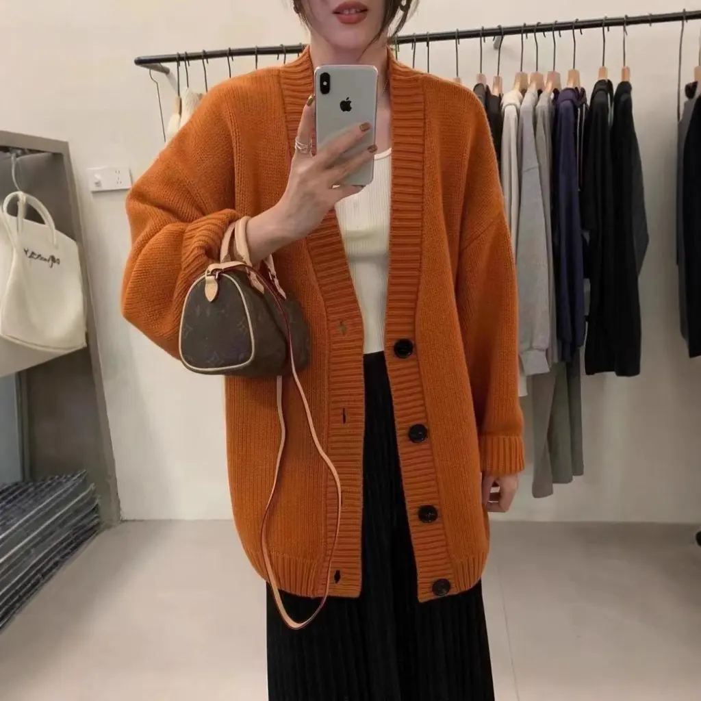 

Женский шерстяной кардиган средней длины, кашемировый корейский стиль, свободный свитер большого размера, куртка на осень-зиму для маленьких людей