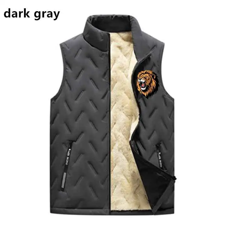 Men Stand Collar Warm Vest Windproof Jacket Lion Print Coat Winter Running Outwear Casual Thicken Waistcoat Thick Gilet Pocket