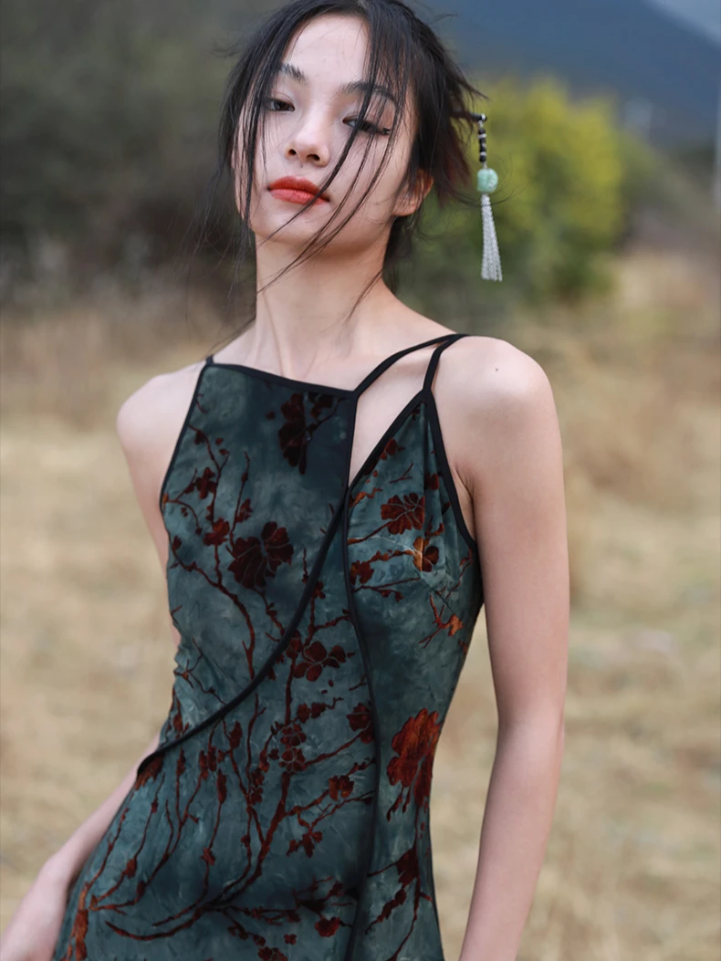 CHEERART flocage Floral vert Vintage longues robes femme Cheongsam été dos nu une ligne côté fendu Midi robe de créateur